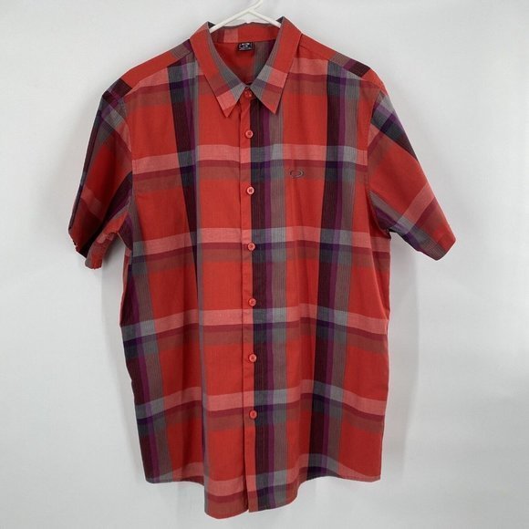 OAKLEY Short Sleeve Button Up‎ Red/Purple Plaid Men's Large - Picture 2 of 7